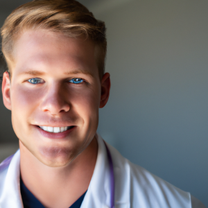 a professional and visually appealing image of a young happy smiling caucasian doctor with white teeth