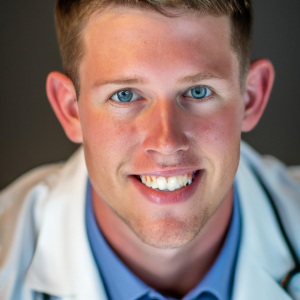 a professional and visually appealing image of a young happy smiling caucasian doctor with white teeth