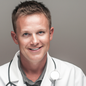 a professional and visually appealing image of a young happy smiling caucasian doctor with white teeth