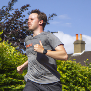 a professional appealing image of a caucasian man or woman jogging on a sunny day