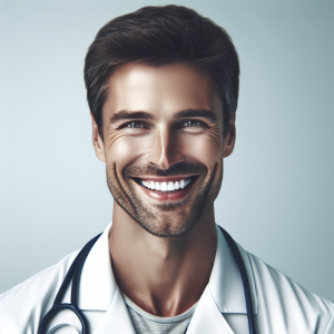 a photo realistic professionally appealing image of a good looking and athletic 35 to 45 year old happy smiling male white doctor with white teeth