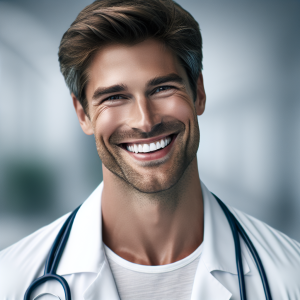 a photo realistic professionally appealing image of a good looking and athletic 35 to 45 year old happy smiling male white doctor with white teeth