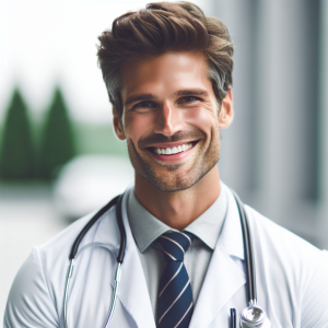 a photo realistic professionally appealing image of a good looking and athletic 35 to 45 year old happy smiling male white doctor with white teeth 171 300x300