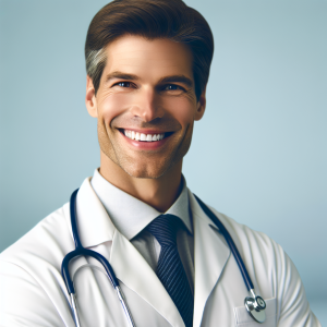 a photo realistic professionally appealing image of a good looking and athletic 35 to 45 year old happy smiling male white doctor with white teeth 240 300x300