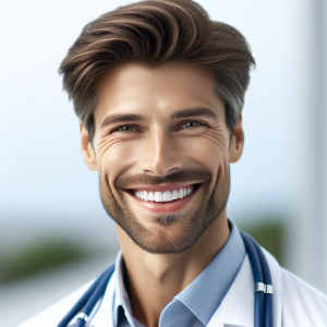 a photo realistic professionally appealing image of a good looking and athletic 35 to 45 year old happy smiling male white doctor with white teeth 345 300x300