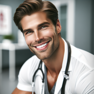 a photo realistic professionally appealing image of a good looking and athletic 35 to 45 year old happy smiling male white doctor with white teeth