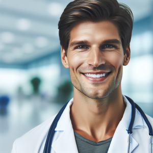 a photo realistic professionally appealing image of a good looking and athletic 35 to 45 year old happy smiling male white doctor with white teeth