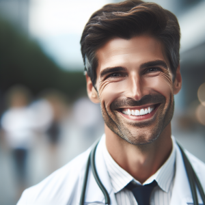 a photo realistic professionally appealing image of a good looking and athletic 35 to 45 year old happy smiling male white doctor with white teeth