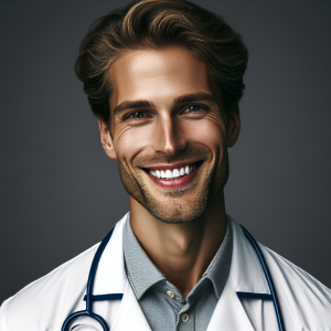 a photo realistic professionally appealing image of a good looking and athletic 35 to 45 year old happy smiling male white doctor with white teeth 436 300x300