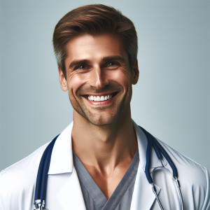 a photo realistic professionally appealing image of a good looking and athletic 35 to 45 year old happy smiling male white doctor with white teeth