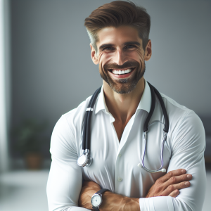 a photo realistic professionally appealing image of a good looking and athletic 35 to 45 year old happy smiling male white doctor with white teeth