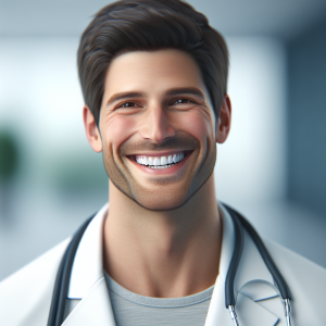 a photo realistic professionally appealing image of a good looking and athletic 35 to 45 year old happy smiling male white doctor with white teeth