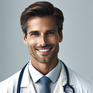 a photo realistic professionally appealing image of a good looking and athletic 35 to 45 year old happy smiling male white doctor with white teeth