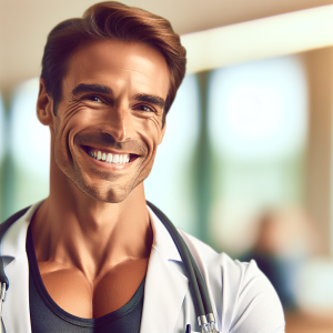 a photo realistic professionally appealing image of a good looking and athletic 35 to 45 year old happy smiling male white doctor with white teeth