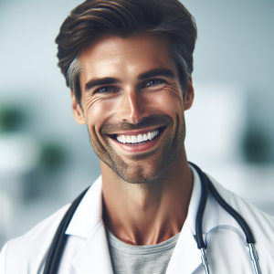 a photo realistic professionally appealing image of a good looking and athletic 35 to 45 year old happy smiling male white doctor with white teeth