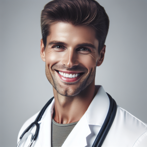 a photo realistic professionally appealing image of a good looking and athletic 35 to 45 year old happy smiling male white doctor with white teeth