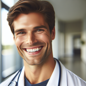 a photo realistic professionally appealing image of a good looking and athletic 35 to 45 year old happy smiling male white doctor with white teeth