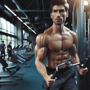 a photo realistic professionally appealing image of a good looking and athletic white man exercising in a gym