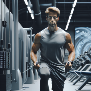 a photo realistic professionally appealing image of a good looking and athletic white man exercising in a gym