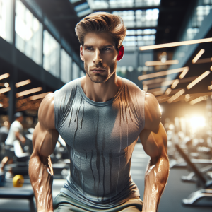 a photo realistic professionally appealing image of a good looking and athletic white man exercising in a gym