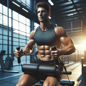 a photo realistic professionally appealing image of a good looking and athletic white man exercising in a gym 360 300x300