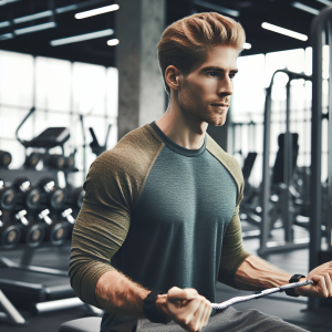 a photo realistic professionally appealing image of a good looking and athletic white man exercising in a gym