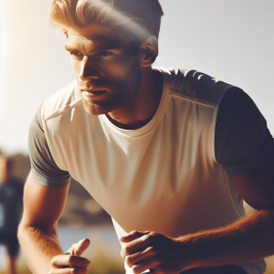 a photo realistic professionally appealing image of a good looking and athletic white man exercising or playing sports outside on a sunny day