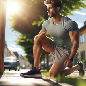 a photo realistic professionally appealing image of a good looking and athletic white man exercising or playing sports outside on a sunny day