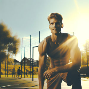 a photo realistic professionally appealing image of a good looking and athletic white man exercising or playing sports outside on a sunny day 472 300x300