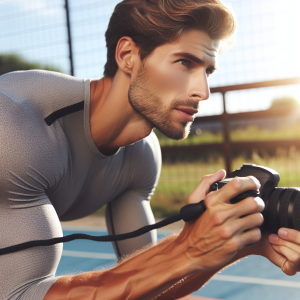 a photo realistic professionally appealing image of a good looking and athletic white man exercising or playing sports outside on a sunny day