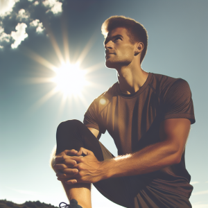 a photo realistic professionally appealing image of a good looking and athletic white man exercising or playing sports outside on a sunny day