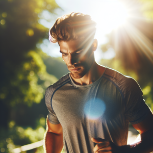 a photo realistic professionally appealing image of a good looking and athletic white man exercising or playing sports outside on a sunny day