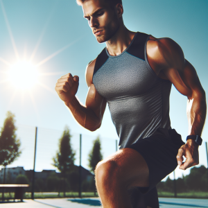 a photo realistic professionally appealing image of a good looking and athletic white man exercising or playing sports outside on a sunny day 919 300x300