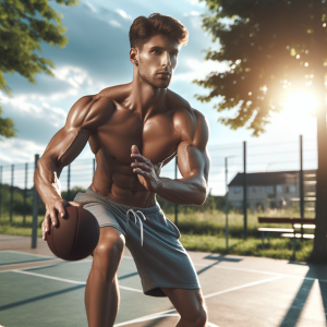 a photo realistic professionally appealing image of a good looking and athletic white man exercising or playing sports outside on a sunny day