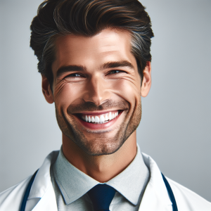 a photorealistic professional appealing image of a good looking and athletic 35 to 45 year old happy smiling male caucasian doctor with white teeth