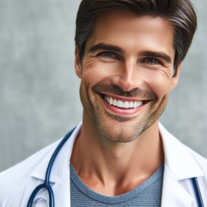 a photorealistic professional appealing image of a good looking and athletic 35 to 45 year old happy smiling male caucasian doctor with white teeth