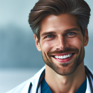 a photorealistic professional appealing image of a good looking and athletic 35 to 45 year old happy smiling male caucasian doctor with white teeth