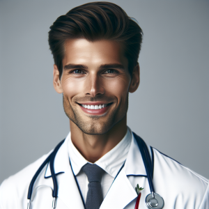 a photorealistic professional appealing image of a good looking and athletic 35 to 45 year old happy smiling male caucasian doctor with white teeth