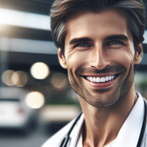 a photorealistic professional appealing image of a good looking and athletic 35 to 45 year old happy smiling male caucasian doctor with white teeth