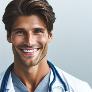 a photorealistic professional appealing image of a good looking and athletic 35 to 45 year old happy smiling male caucasian doctor with white teeth