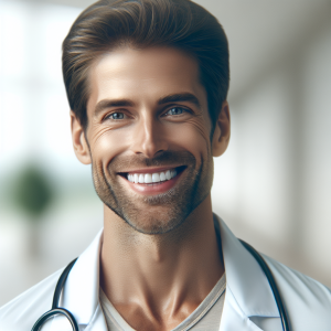 a photorealistic professional appealing image of a good looking and athletic 35 to 45 year old happy smiling male caucasian doctor with white teeth