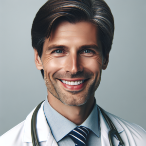 a photorealistic professional appealing image of a good looking and athletic 35 to 45 year old happy smiling male caucasian doctor with white teeth