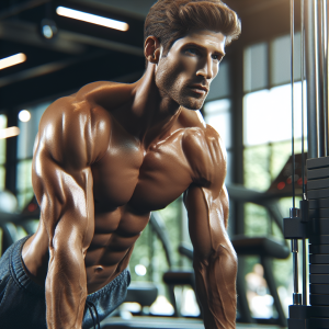 a photorealistic professional appealing image of a good looking and athletic caucasian man exercising in a gym