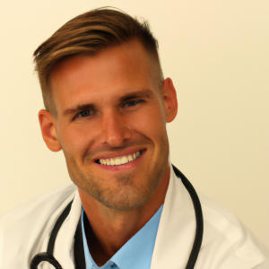 a professional and visually appealing good looking and atheletic image of a 35 to 45 year old happy smiling male caucasian doctor with white teeth